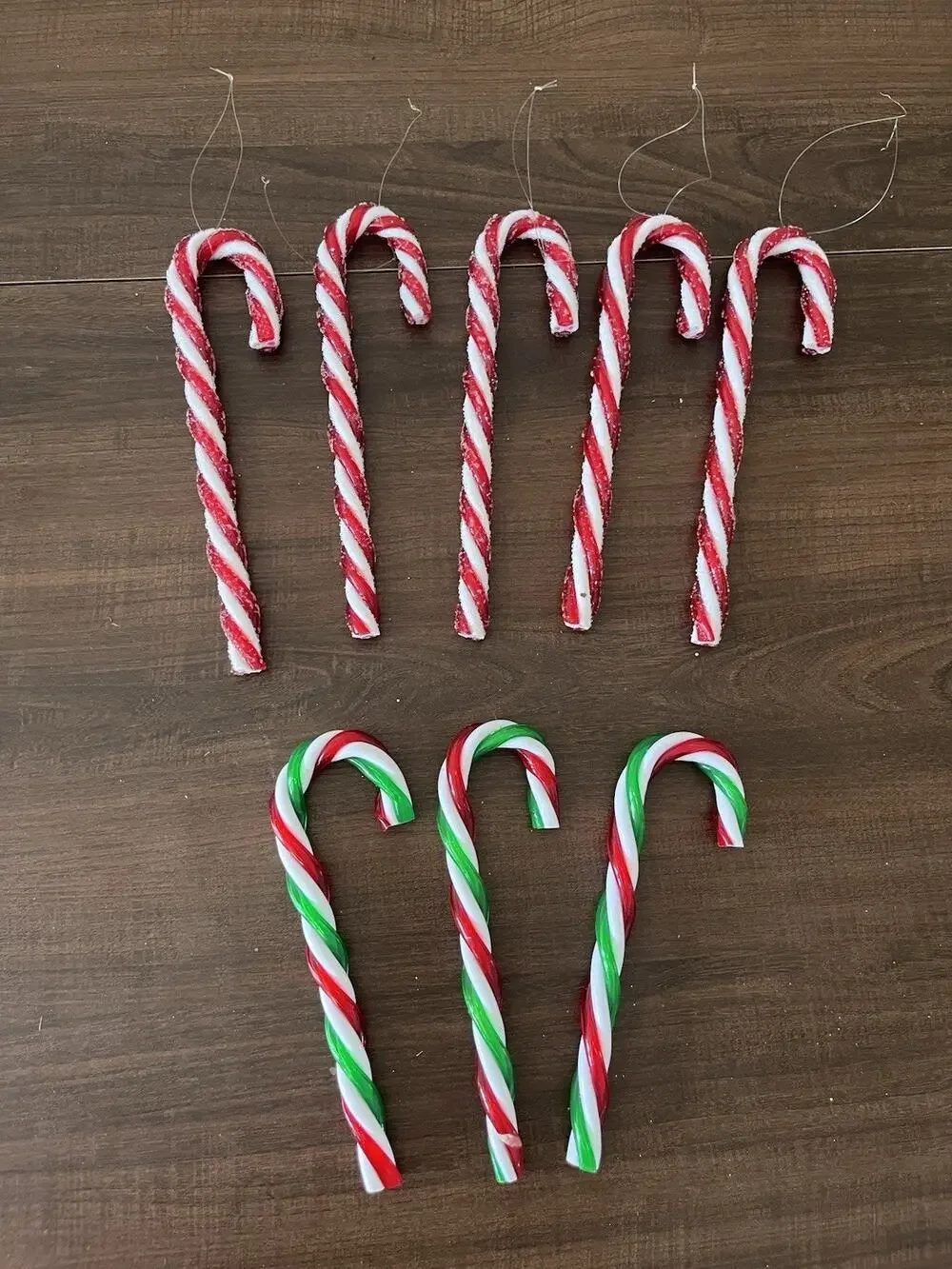 Vintage 8 Christmas Twisted Candy Canes Red White & Green Plastic Sturdy Sugared